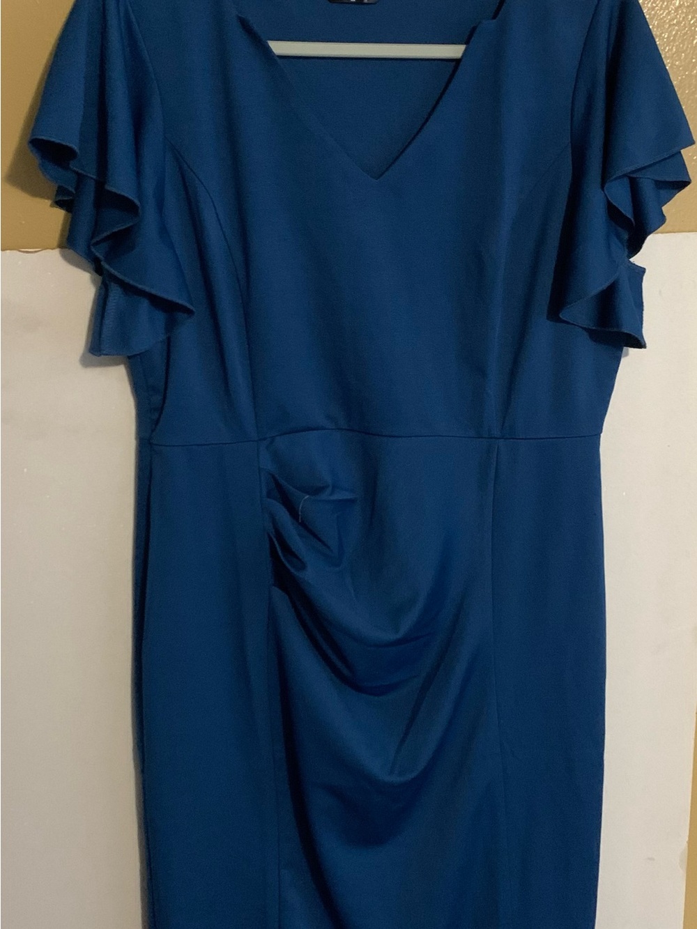 Allegra K Teal Blue V-Neck Midi Dress with Ruffle Sleeves